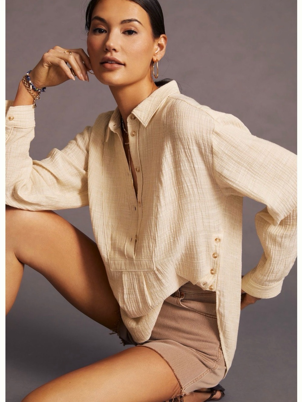 ANTHROPOLOGIE Light Cream Button-Shoulder COTTON Gauze Shirt - Women